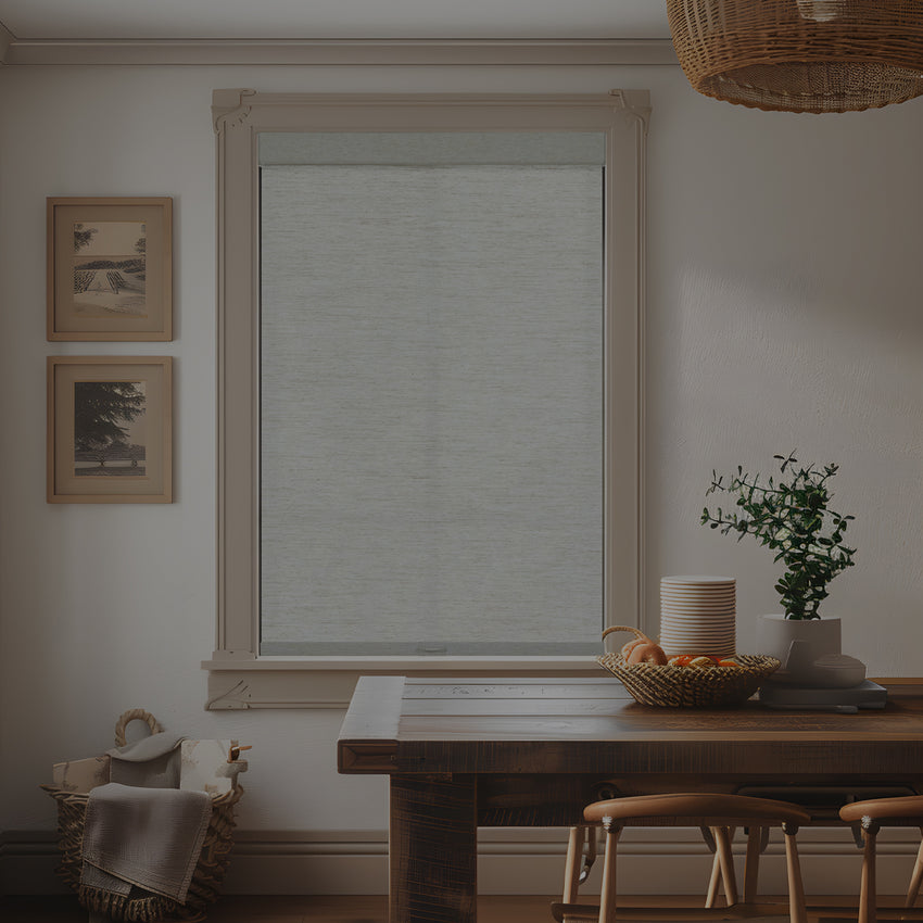 KALIA Maderia linen roller blinds in light filtering beige on kitchen window, natural texture for soft diffused light