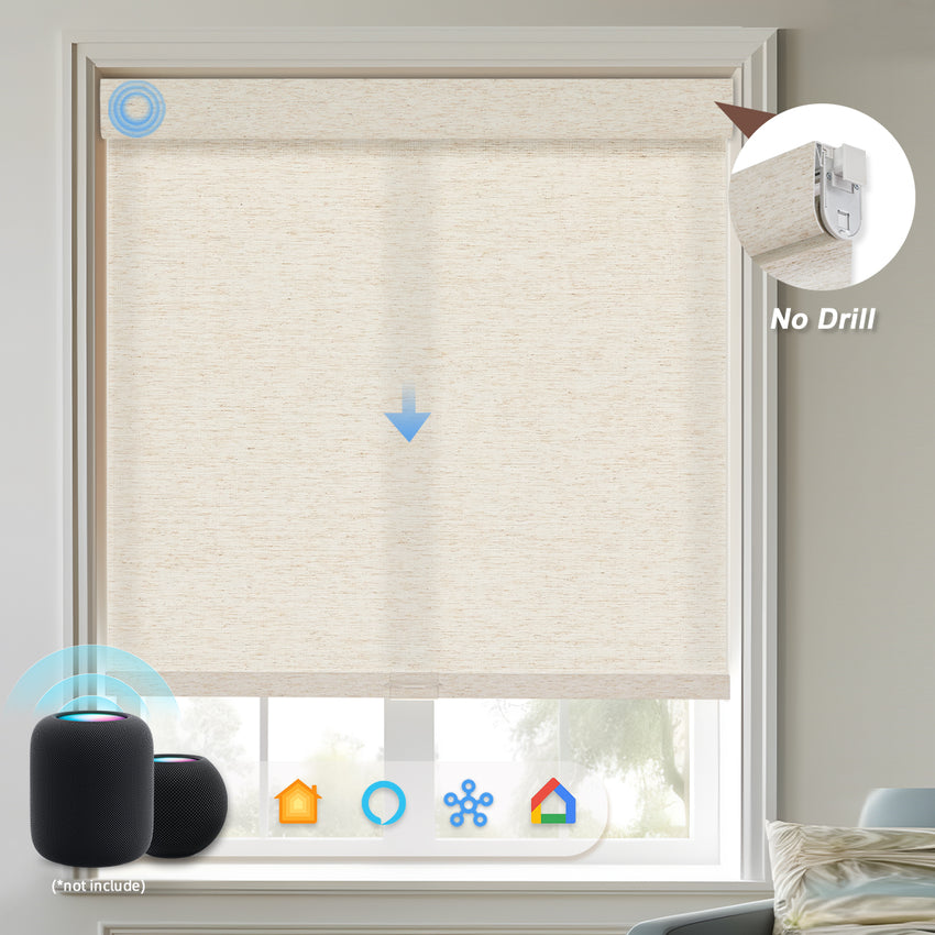 KALIA Custom No Drill Motorized Linen Roller Shades for Smart Windows