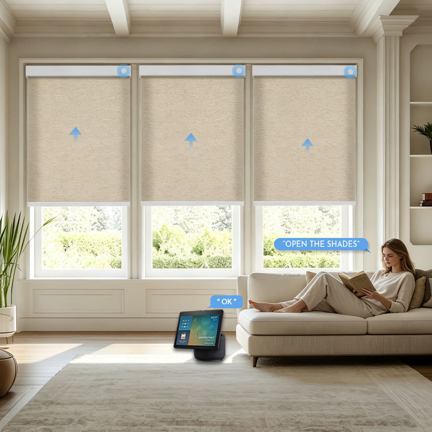 KALIA motorized woven roller shades installed in a modern living room