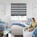 Dark gray zebra shades in home office, adjustable natural light
