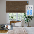 KALIA brown natural woven Roman shade with smart weather and temperature automation