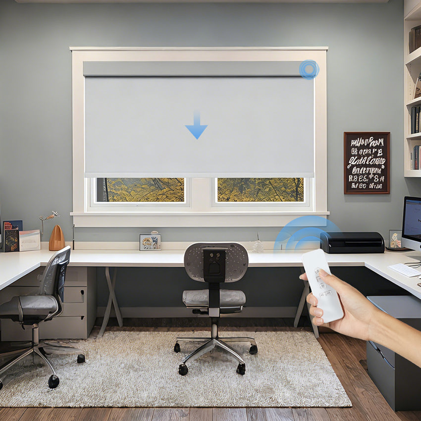 KALIA motorized blackout roller shade with remote control for home office window