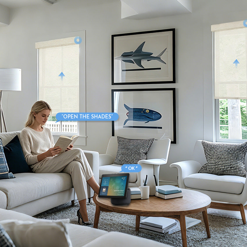 KALIA motorized bamboo roller shades in a bright modern living room