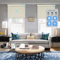 Living room with KALIA A-OK motorized blackout roller shades, smart app and voice control