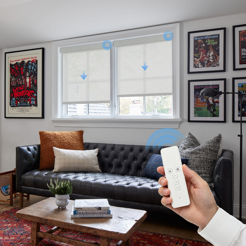 Remote Control No Drill Motorized Roller Shades in Living Room