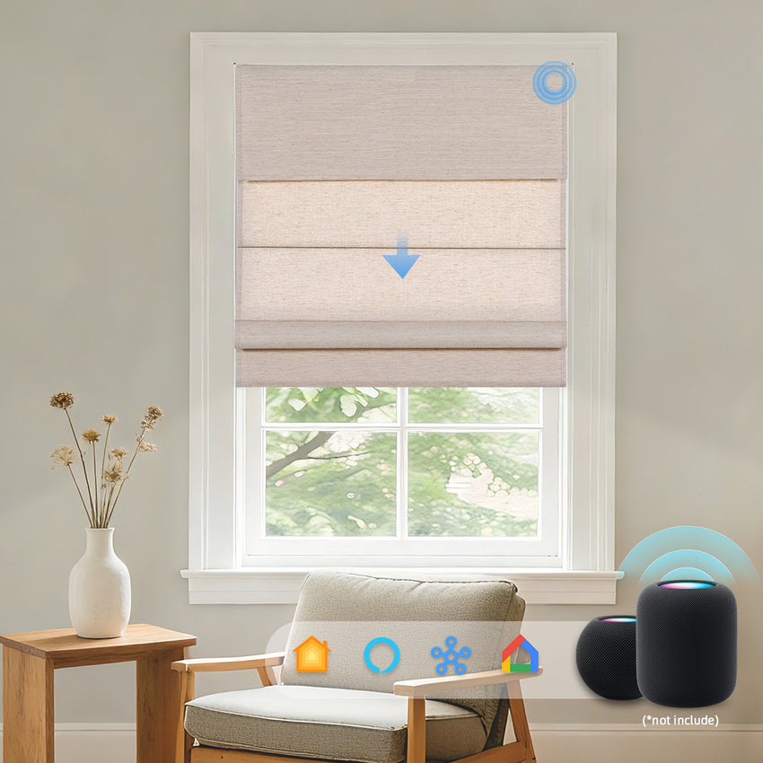 KALIA motorized linen fabric Roman shades with smart home app control in a bright living room