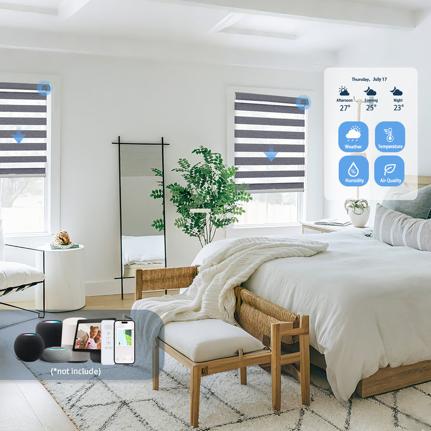 KALIA motorized zebra blinds with smart app control in a modern bedroom
