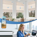 KALIA natural woven linen Roman shades with app control for multiple living room windows