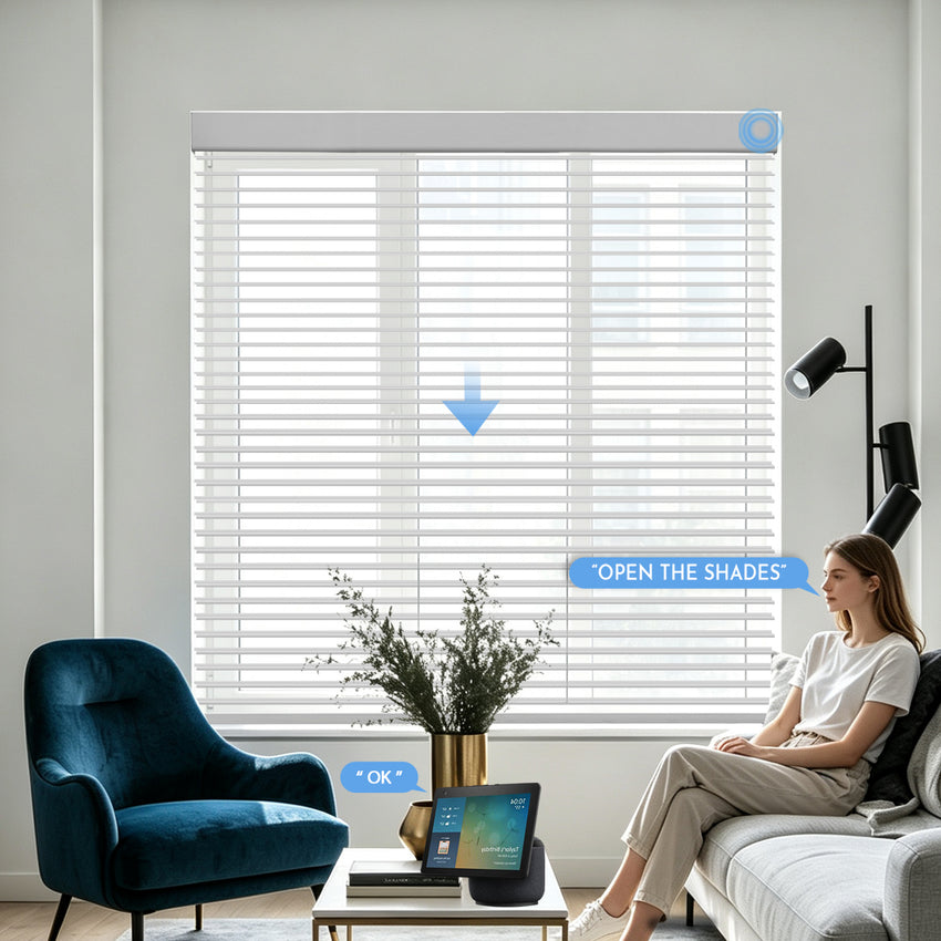 Motorized light filtering Shangri-La shades for living room
