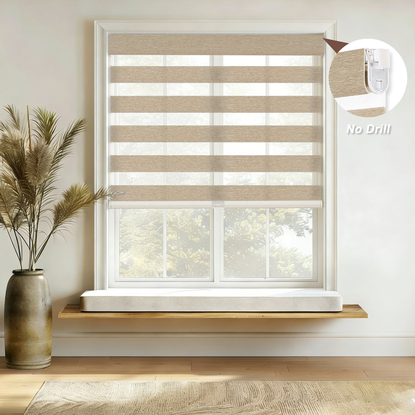 KALIA Verina no-drill zebra blinds on white window frame, light filtering