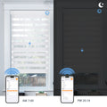 Smart motorized zebra shades with sunrise and sunset automation, transitioning from open during daytime to closed at night for privacy and energy efficiency
