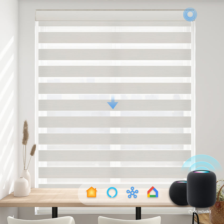 KALIA Smart motorized dual layer zebra shades installed on a modern window, compatible with Alexa, Google Home, and voice control for effortless light adjustment
