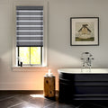Dark gray zebra shades in bathroom, privacy without drilling