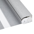 Gray dual-layer zebra shade side view with aluminum roller, no tools needed