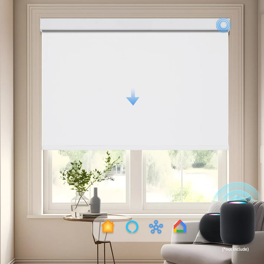 KALIA custom motorized blackout roller shade with smart home control for living room privacy