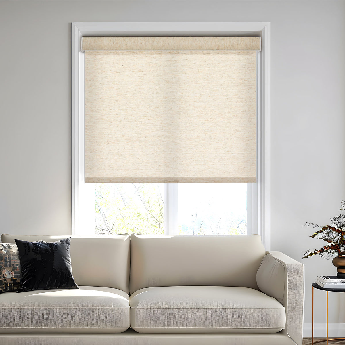 Linen roller shade in a bright living room
